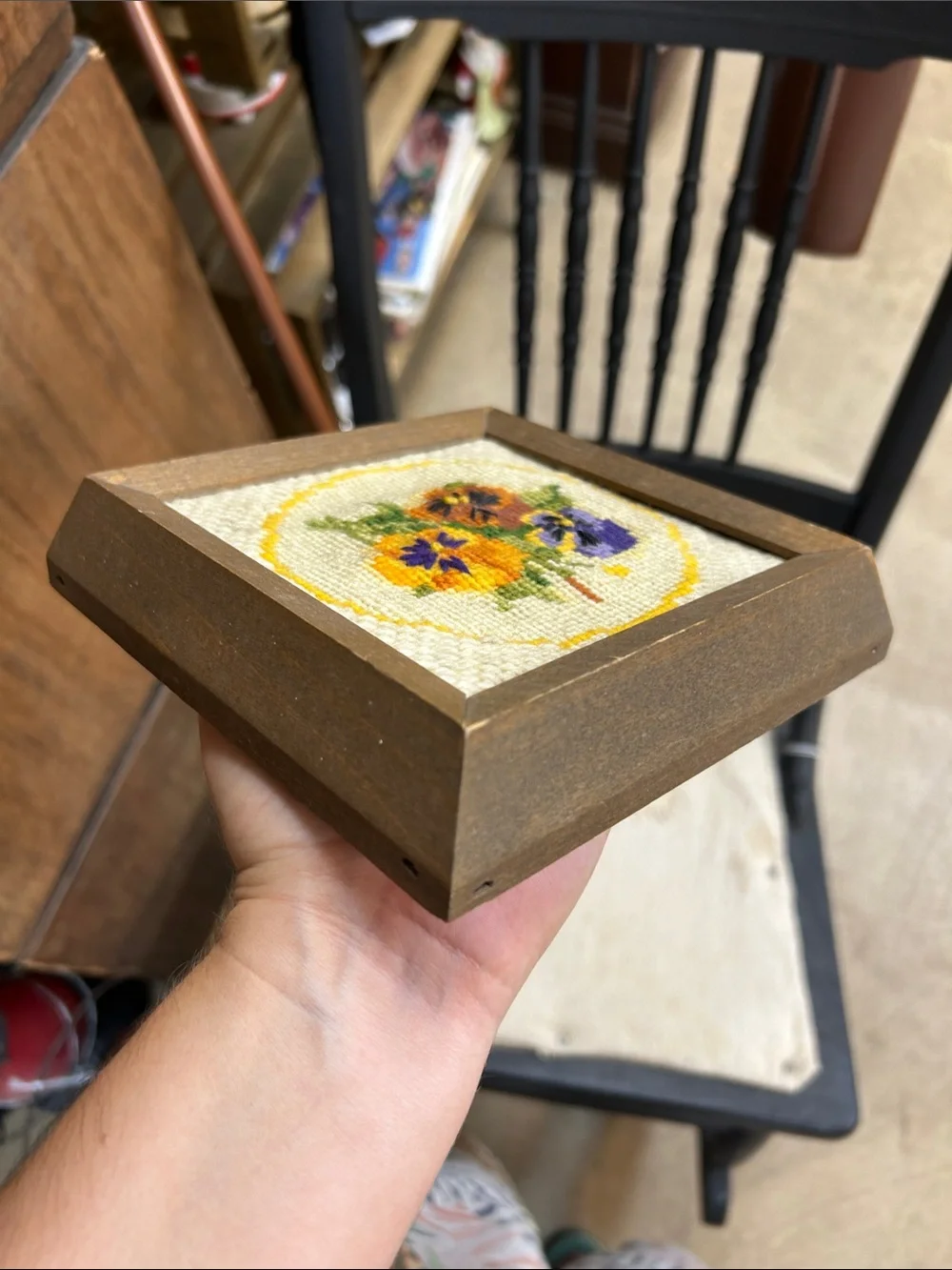 Vintage Framed Pansy Cross-Stitch in Yellow, Purple, Orange, Green